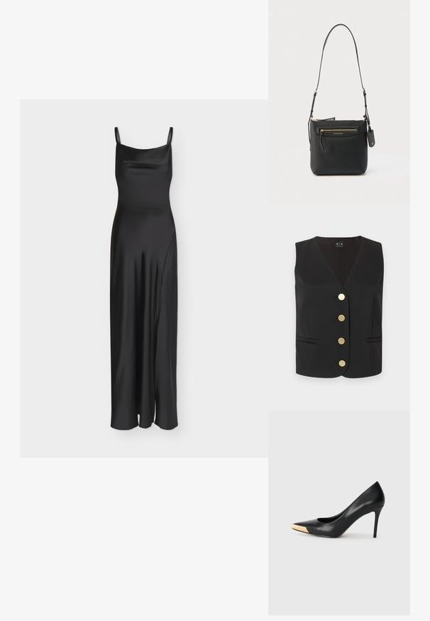 Veste noire sans manches avec col en V, quatre boutons ronds dorés au centre, et deux poches fendues à l'avant.; Longue robe nuisette noire en satin avec fines bretelles et une fente latérale discrète.; Pompe à talon haut en cuir noir avec bout pointu ; présente une accentuation métallique dorée sur le capuchon. Surface lisse avec un design épuré.; Sac bandoulière en cuir noir avec bandoulière réglable, poche avant à fermeture éclair et garnitures dorées, posé sur un fond blanc uni.