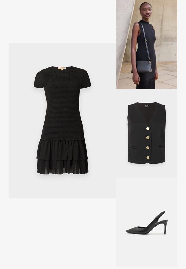 Veste noire sans manches avec col en V, quatre boutons ronds dorés au centre, et deux poches fendues à l'avant.; Robe noire à manches courtes, texture froncée sur le haut, et jupe à volants superposés. Confectionnée en tissu léger et fluide.; Escarpins à talon aiguille en cuir noir, avec un design à bout pointu, présentant une découpure à l'avant et un talon fin.; Jeune femme en robe noire sans manches portant un sac bandoulière en cuir noir, debout contre un mur en béton clair.
