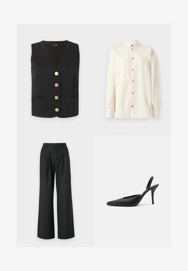 Zwarte mouwloze vest met V-hals, vier gouden ronde knopen in het midden en twee open steekzakken aan de voorkant.; Soulland DAMON SHIRT - Overhemdblouse - white; Won Hundred CAMILLE TROUSERS - Broek - licorice; Zwarte slingback hakken met een spitse neus, van soepel leer en een strak, minimalistisch ontwerp. Hoge stilettolahak.