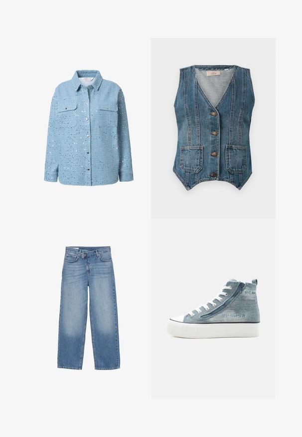 Blå denim sovesløs vest med V-hals, fire metalknapper, to frontlommer og vertikale sømdetaljer.; Lysblå denimskjorte med sølvfarvede pailletter, lange ærmer, krave, to brystlommer og trykknaplukning. Glat tekstur og detaljeret udsmykning.; Lyseblå jeans med vid ben, lavet af denim; har et klassisk fem-lomme design, lynlåslukning og subtilt falmet look ved knæene.; Høj top denim sneaker med hvide snørebånd, sidelås, gummisål og mærket syet detalje på ydersiden.