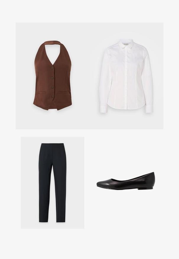 Bruine mouwloze halternekvest met vier knopen aan de voorkant en twee horizontale paspelzakken tegen een witte achtergrond.; Witte button-down shirt van soepel katoen met een klassieke kraag, lange mouwen en een subtiel logo op de borst. Voorzien van een knoopsluiting aan de voorkant.; Zwarte, op maat gemaakte broek met rechte pijpen, middelhoge taille, voorste naden en zijzakken, getoond op een effen lichte achtergrond.; Zwarte ballerina van glanzend leer met een ronde neus en een lage, platte zool. Heeft een gladde textuur met een eenvoudig en strak design.