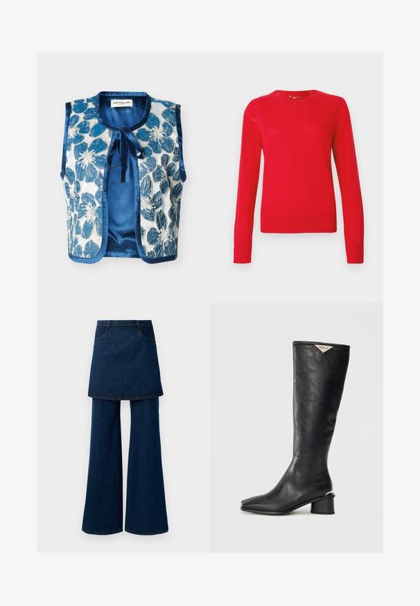 Veste sans manches en satin bleu avec une grande broderie florale texturée en bleu et blanc, dotée d'une fermeture par lien au niveau du col rond.; Pull tricoté rouge, col rond, manches longues, poignets et ourlet côtelés, texture lisse, tissu de poids moyen, couleur unie sans motifs.; Jean en denim foncé avec une superposition de jupe à couches, présentant des jambes larges et des poches, terminé par un ourlet propre et une couture classique.; Botte noire montante en cuir lisse, avec un bout carré et un talon bloc moyen avec un accent métallique sur le talon.
