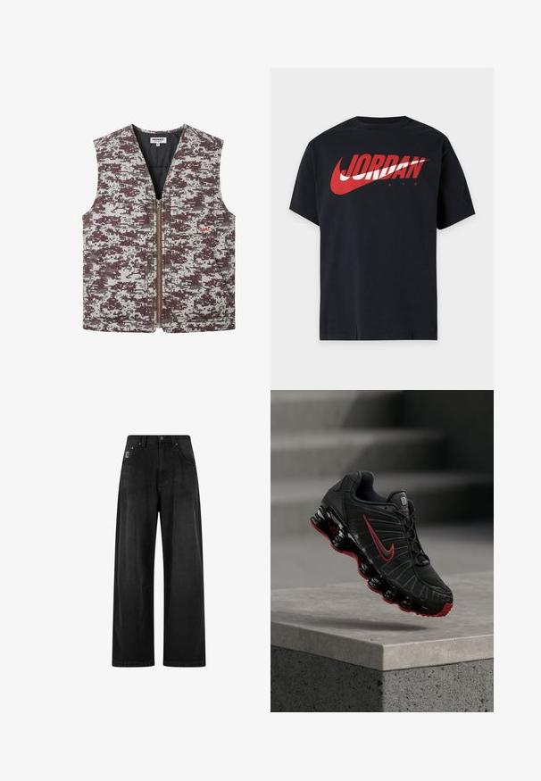 Chaleco sin mangas con cremallera, patrón de camuflaje digital en marrón y gris, bolsillo frontal en el pecho con bordado rojo "L.A" y dos bolsillos laterales inferiores.; Camiseta negra de manga corta con un gran logo Jordan Air rojo y blanco en el pecho.; Pantalones de denim negros de pierna ancha con cintura alta, que cuentan con cuatro bolsillos y una pequeña etiqueta con el logo en la parte frontal. Textura suave, diseño básico.; Zapatilla deportiva Nike negra y roja con suela visible tipo muelle, equilibrándose en el borde de un escalón de hormigón.
