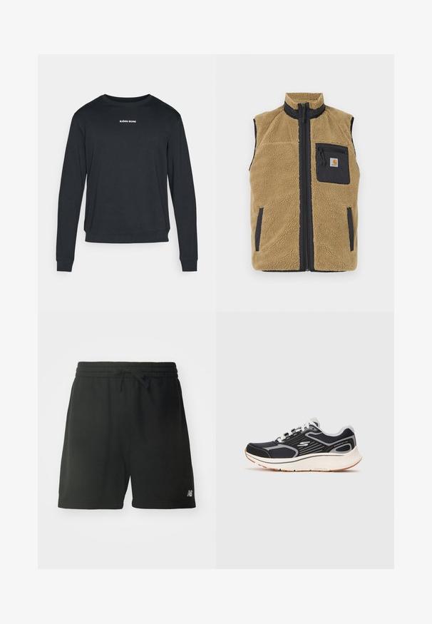 Tan fleece vest met een hoge kraag, contrasterende marineblauwe zijpanelen, een ritssluiting aan de voorkant en een linkerborstas met een rits.; Zwarte lange-mouw sweatshirt gemaakt van zachte stof, met een ronde hals, geribbelde manchetten en een wit logo gedrukt op de borst.; Zwarte katoenen sportshorts met een elastische tailleband, verstelbaar trekkoord en logodetail op het linkeronderbeen. Glad textuur.; Zwarte sportschoen met een bovenwerk van mesh, grijze accenten en een witte tussenzool. Beschikt over een vetersluiting en een getextureerde rubberen buitenzool.