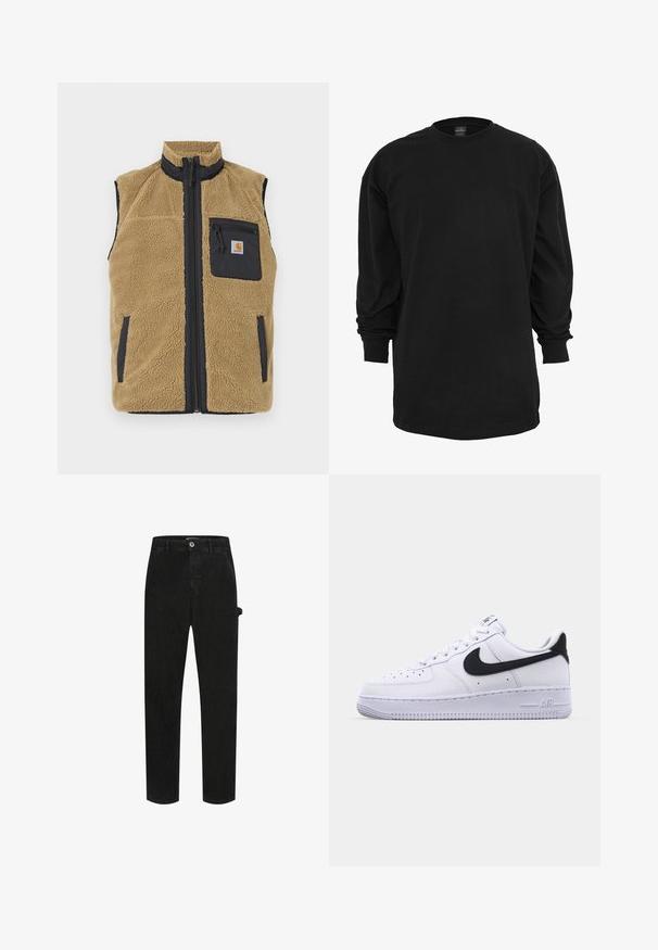 Gilet en polaire beige avec un col montant, panneaux latéraux bleu marine contrastants, fermeture éclair à l'avant et une poche zippée sur la poitrine gauche.; T-shirt noir à manches longues en coton. Doté d'un col rond et d'une coupe régulière. Textile lisse sans motifs ni accents visibles.; Pantalons en denim noir avec un design à cinq poches, coupe droite, fermeture à bouton et poche utilitaire latérale avec coutures tonales.; Sneaker en cuir blanc avec un Swoosh noir texturé, des lacets plats et une semelle en caoutchouc avec un motif strié. "AIR" est embossé sur le talon.
