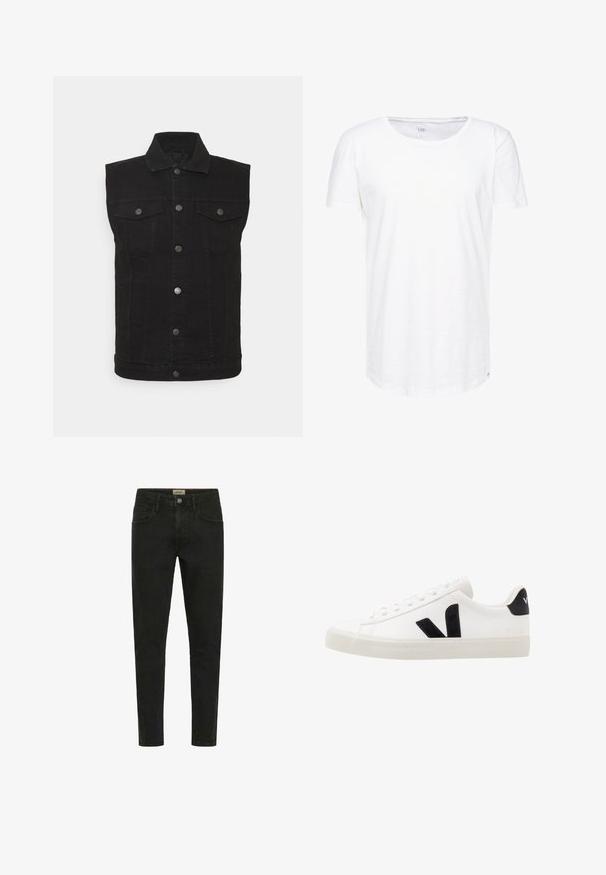 Denim Project DPMDP KASH DENIM VEST - Weste - black; Weißes T-Shirt mit kurzen Ärmeln aus weichem Baumwollstoff. Mit Rundhalsausschnitt und lockerer Passform, ergänzt durch ein dezentes Markenlabel am Saum.; Schwarze Slim-Fit-Jeans aus Denim mit Knopfverschluss, fünf Taschen und einem klaren, minimalistischen Design.; Weiße Leder-Sneaker mit schwarzen Wildlederelementen; verfügen über eine Gummisohle, eine runde Spitze und ein klassisches Schnürdesign. Seitliches Logo in Schwarz.