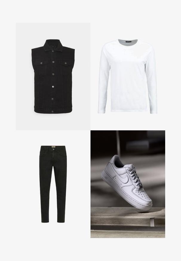 Denim Project DPMDP KASH DENIM VEST - Vesta - black; Biela dlhá tričko s dlhým rukávom vyrobené z bavlny, s okrúhlym výstrihom a hladkou textúrou. Bez vzorov a akcentov. Jednoduchý dizajn.; Čierne úzke nohavice z denimu, s gombíkovým zapínaním, piatimi vreckami a čistým, minimalistickým dizajnom.; Biely kožený teniska Nike Air Force 1 má perforovanú špičku, ploché šnúrky a štruktúrovanú gumovú podrážku s nápisom „AIR“ na boku.