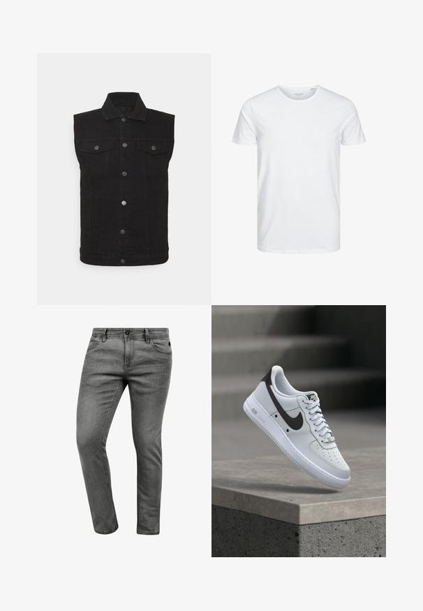 Denim Project DPMDP KASH DENIM VEST - Bodywarmer - black; Ronde hals kortemouwen t-shirt in effen wit, gemaakt van zachte katoen, heeft een eenvoudig ontwerp zonder zichtbare patronen of accenten.; Grijze denim jeans met een slim fit, voorzien van vijf zakken, een knoopsluiting en subtiele stikseldetails. Zachte textuur en een strakke uitstraling.; Witte Nike Air Force 1 sneaker met zwart swoosh-logo, zwevend boven een betonnen richel met vervaagde trappen op de achtergrond.
