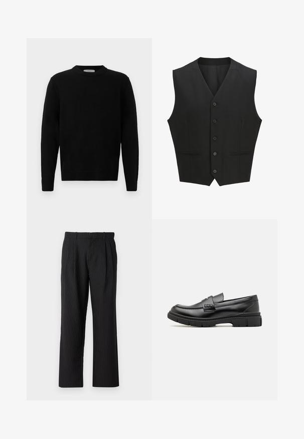 Sort ærmeløs vest med en notch-lapel, seks knaplukninger og to for- lommer. Glat stof med en skræddersyet pasform.; Sort strik sweater med rund hals, lange ærmer og ribbede manchetter. Blød tekstur med et rent, minimalistisk design, velegnet til afslappet brug.; Jack & Jones Classic Wide Leg Fit - Bukser - black; Sort læder loafersko med en bred rem over forfoden, gummisål med tykke mønstre og glat overflade. Klassisk, slankt design.