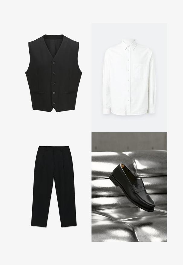 Gilet sans manches noir avec un revers cranté, fermeture à six boutons et deux poches avant. Tissu lisse avec une coupe ajustée.; Chemise blanche à manches longues avec boutons, en tissu léger. Présente une poche poitrine, un col classique et une texture subtile.; Pantalon noir droit avec passants de ceinture, plis sur le devant et fermeture avant dissimulée, présenté à plat sur fond blanc.; Mocassin en cuir noir flottant au-dessus d'un canapé en cuir argenté brillant matelassé à boutons dans un décor minimaliste.