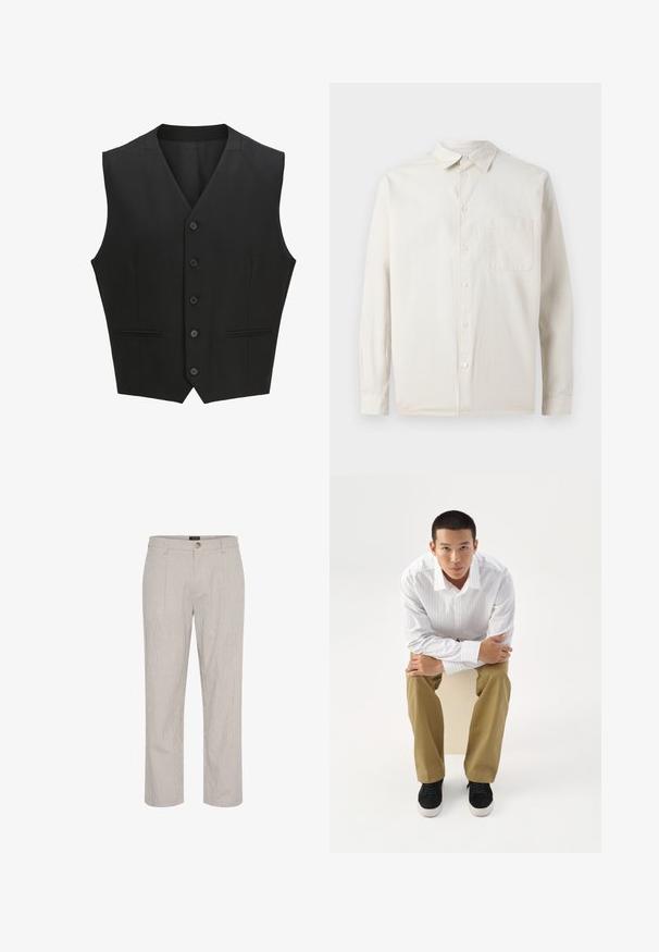 Zwarte mouwloze vest met een notch lapel, sluiting met zes knopen en twee voorzakken. Glad materiaal met een getailleerde pasvorm.; Samsøe Samsøe SADAMON - Overhemd - off white; Lichtgrijze gestreepte broek, recht gesneden ontwerp, met een enkele knoopsluiting in de taille en twee voorkanten zakken. Gladde textuur.; Jonge man in wit gestreept overhemd en kaki broek, voorover zittend op een kruk met gekruiste armen, kijkt recht vooruit op een witte achtergrond.