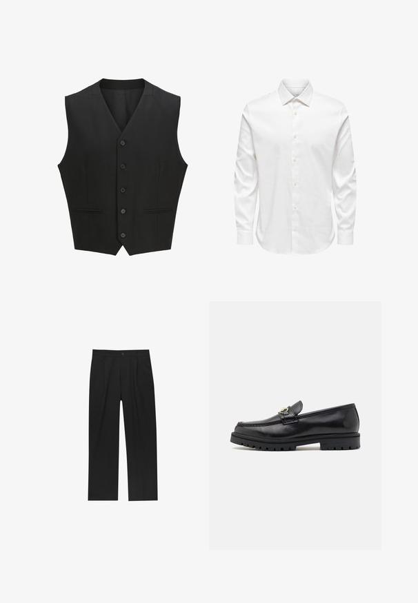 Zwarte mouwloze vest met een notch lapel, sluiting met zes knopen en twee voorzakken. Glad materiaal met een getailleerde pasvorm.; Wit herenshirt met lange mouwen, een puntige kraag en een rij witte knopen aan de voorkant op een effen achtergrond.; Zwarte broeken met een recht model, gemaakt van een gladde stof. Voorzien van een voorplooien en een enkele knoopsluiting bij de taille.; Zwarte leren instappers met een zachte afwerking, ronde neus, een decoratieve band met gouden hardware en een robuuste zwarte zool.