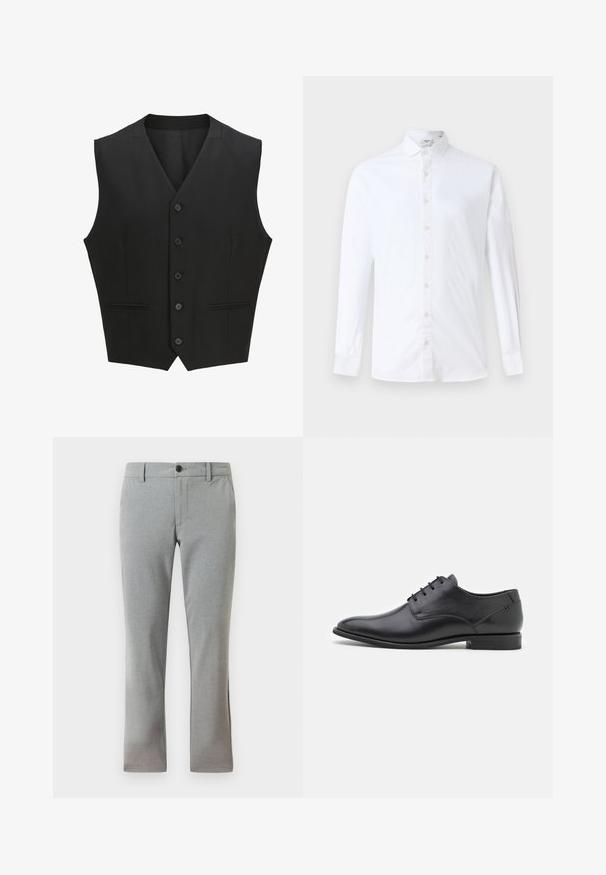Sort ærmeløs vest med en notch-lapel, seks knaplukninger og to for- lommer. Glat stof med en skræddersyet pasform.; Hvid langærmet skjorte med knapper i bomuld, med klassisk krave, lige snit og en glat tekstur med matchende knapper.; Hertil slim-fit lysegrå dressbukser til mænd med bælteholdere, frontknap og sidelommer, præsenteret på en hvid baggrund.; Sorte læderdressko med en glat tekstur, spids tå, lav hæl og seks snørrehuller. Simpelt design uden udsmykninger.