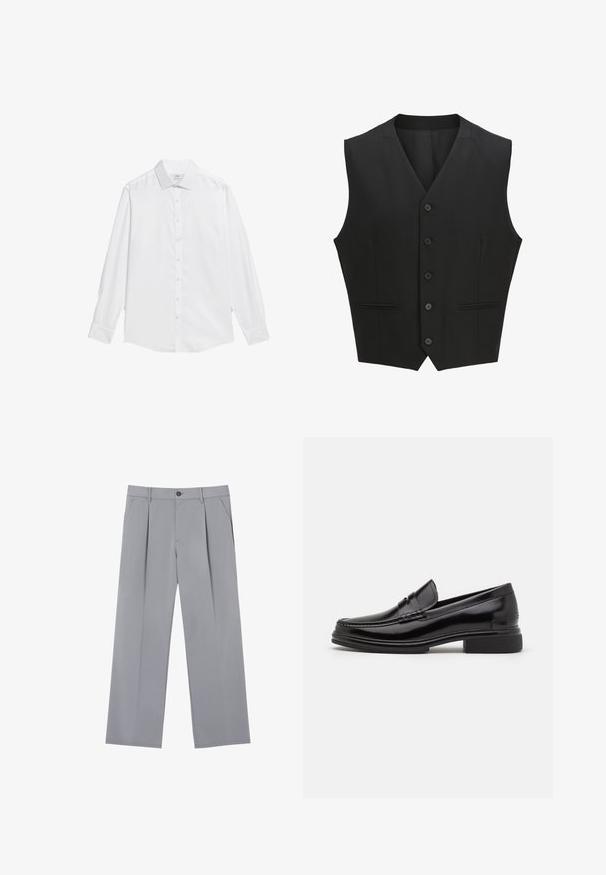 Gilet sans manches noir avec un revers cranté, fermeture à six boutons et deux poches avant. Tissu lisse avec une coupe ajustée.; Chemise blanche à boutons en tissu lisse, avec un col classique, des manches longues et un ourlet droit sans motifs ni accents.; Pantalons plissés gris à coupe décontractée, en tissu léger. Comprend des poches avant et une fermeture à bouton à la taille.; Mocassins en cuir noir avec un embout arrondi, présentant un détail cousu sur le dessus, et un petit talon carré. Texture lisse et finition brillante.