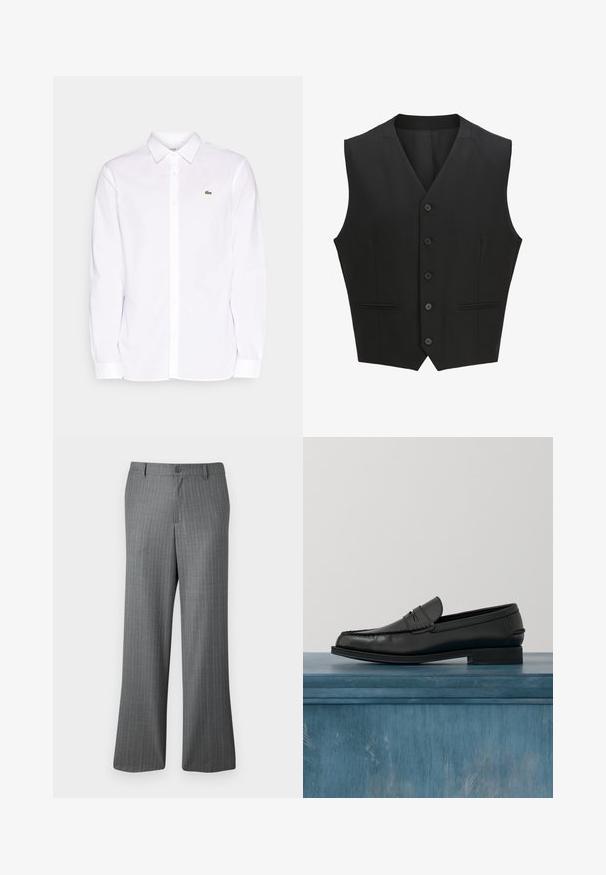 Schwarze ärmellose Weste mit Reverskragen, sechs Knopfverschluss und zwei frontalen Taschen. Glattes Material mit taillierter Passform.; Weißes Langarmhemd aus Baumwolle mit Button-Down-Kragen, einem grünen gestickten Logo auf der linken Brust und geraden Manschetten.; Grau gestreifte Hose mit lockerem Schnitt, ausgestattet mit einem Knopfverschluss, Gürtelschlaufen und dezenten hellblauen Streifen.; Schwarze Leder-Loafer mit schlankem Design, ausgestattet mit einer abgesteppten Zehe und einer glatten Oberfläche. Der Schuh verfügt über einen flachen Absatz und minimale Verzierungen.