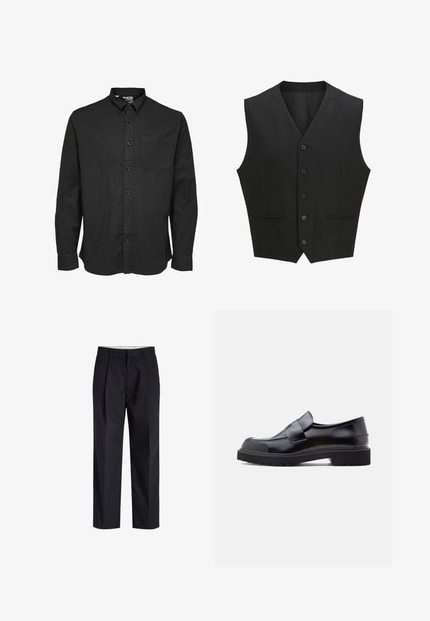 Sort ærmeløs vest med en notch-lapel, seks knaplukninger og to for- lommer. Glat stof med en skræddersyet pasform.; Sort langærmet skjorte med knapper i bomuldsstof, med standard krave, brystlomme og matchende sorte knapper.; Sorte bukser med lige ben med taljebånd, bæltestropper, frontlynlås og sidelommer vist på en hvid baggrund.; Sorte læder slip-on sko med et slankt design, rund tå og en tyk, struktureret gummisål. Har en dekorativ rem på tværs foran.