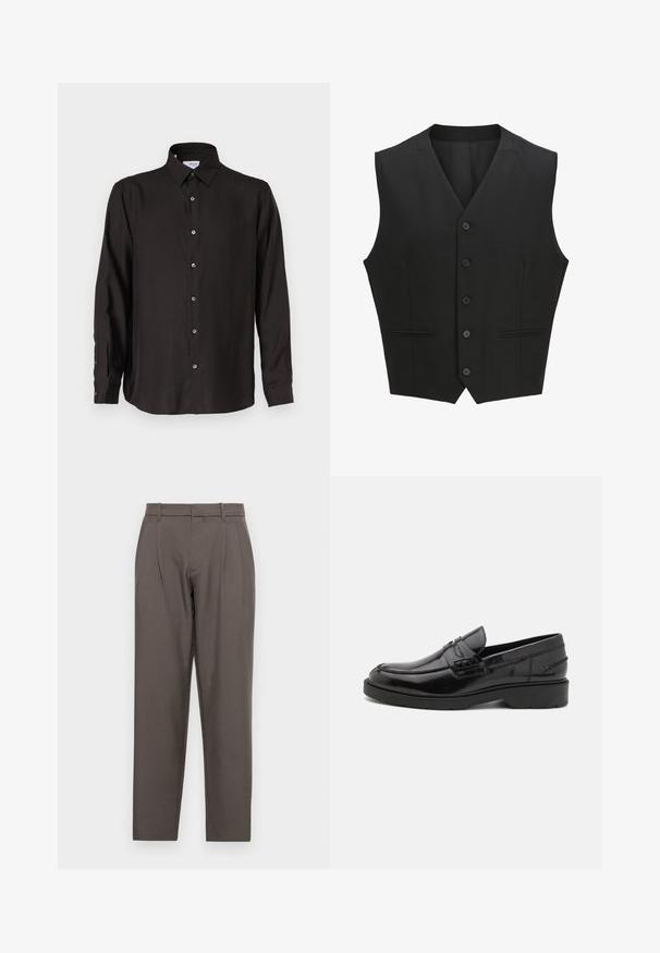 Sort ærmeløs vest med en notch-lapel, seks knaplukninger og to for- lommer. Glat stof med en skræddersyet pasform.; Sort langærmet skjorte lavet af glat stof, med knaplukning foran, spidse krave og afrundet kant med kontrasterende knapper.; Jack & Jones JPSTBILL JJDAYTONA WIDE CHINO - Chino - pavement; Sorte læder loafers med en glat finish, rund tå, lav hæl og dekorativ syning langs forsiden. Gummisål for godt greb.