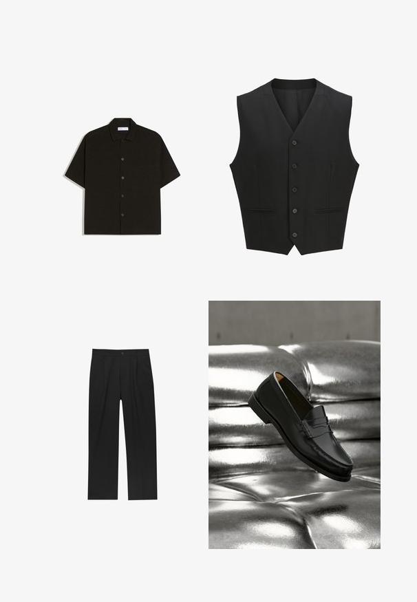 Sort ærmeløs vest med en notch-lapel, seks knaplukninger og to for- lommer. Glat stof med en skræddersyet pasform.; Sort kortærmet skjorte lavet af blødt stof, med knapper foran, krave og en enkelt brystlomme. Enkel og ren design.; Sorte bukser med lige ben, lavet af et glat stof. Har frontfolder og en enkelt knaplukning i taljen.; Sort læderloafer svæver over en skinnende sølvfarvet, polstret lædersofa i et minimalistisk miljø.