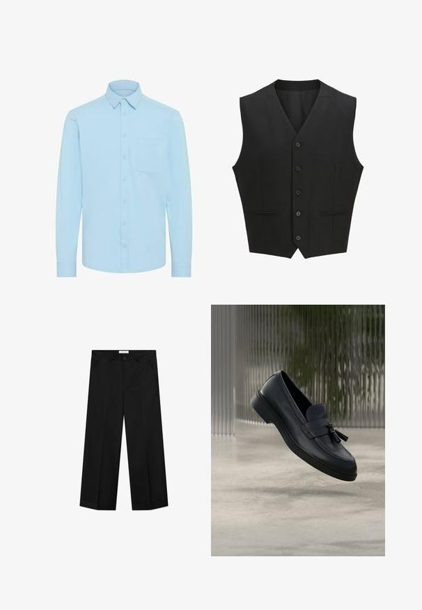 Gilet sans manches noir avec un revers cranté, fermeture à six boutons et deux poches avant. Tissu lisse avec une coupe ajustée.; Chemise boutonnée bleu clair avec manches longues, un col classique et une poche poitrine unique. Fabriquée à partir d'un tissu lisse avec un design uni.; Pantalon noir à jambes larges en tissu lisse, doté de poches avant, d'une fermeture par bouton et d'un pli marqué sur chaque jambe.; Mocassins en cuir noir avec une texture lisse, un bout arrondi et des pampilles décoratives à l'avant. Semelle en caoutchouc flexible avec un petit talon.