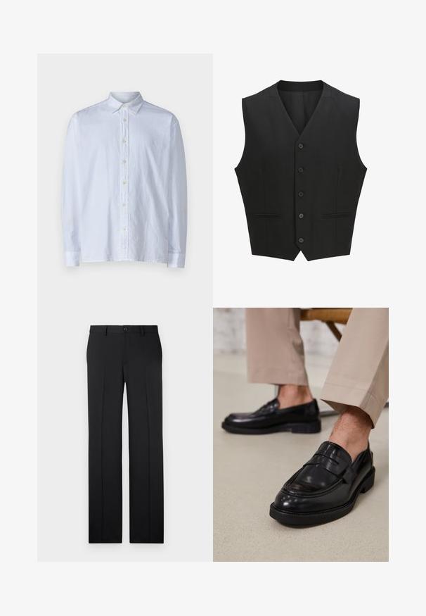 Zwarte mouwloze vest met een notch lapel, sluiting met zes knopen en twee voorzakken. Glad materiaal met een getailleerde pasvorm.; Witte button-up shirt van lichtgewicht stof, met een puntige kraag, lange mouwen en een rij gele knopen aan de voorkant.; Zwarte, op maat gemaakte broek met een rechte pijp, zachte stof, voorvouwen en een enkele knoopsluiting in de taille.; Zwarte leren loafers met een gladde afwerking, voorzien van een decoratieve band en contrasterende stiksels, gecombineerd met beige broeken.