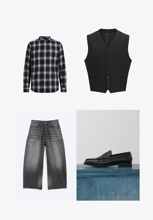 Sort ærmeløs vest med en notch-lapel, seks knaplukninger og to for- lommer. Glat stof med en skræddersyet pasform.; Marineblå og cremeplaid flannel skjorte med knapkrave, lange ærmer og beige knapper; har en blød tekstur og en struktureret form.; Bredbenede, falmede sorte cowboybukser med forlommer og knaplukning, vist fladt på en lys baggrund.; Sorte læderloafers med et slankt design, der har syning ved tåen og en glat finish. Skoen har en lav hæl og minimal udsmykning.