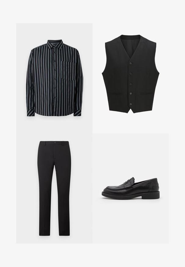 Sort ærmeløs vest med en notch-lapel, seks knaplukninger og to for- lommer. Glat stof med en skræddersyet pasform.; Sort button-up skjorte med blå lodrette striber, lange ærmer, krave og en brystlomme. Glat stof, afslappet pasform, standard knapper.; Sorte skræddersyede bukser med lige ben, som har knaplukning og bæltestropper. Fremstillet i glat stof uden synlige mønstre.; Sorte læder loafers med en rund tå, tonale syninger og en stropdetalje foran. Gummisål med en lav hæl.
