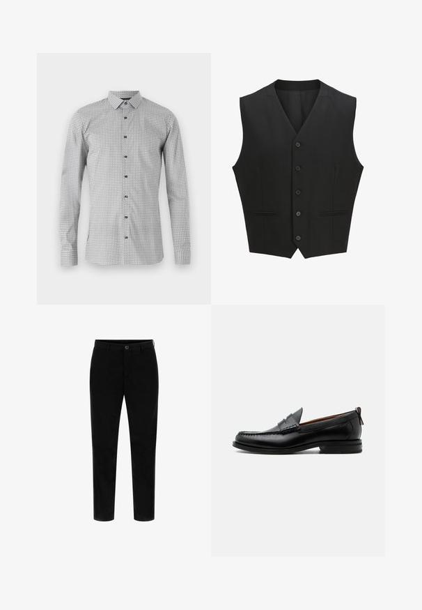 Schwarze ärmellose Weste mit Reverskragen, sechs Knopfverschluss und zwei frontalen Taschen. Glattes Material mit taillierter Passform.; Langarmshirt in Weiß und Schwarz mit geometrischem Muster, durchgehende Knopfleiste und klassischem Kragen. Leichter Stoff mit glatter Textur.; Schwarze Baumwollhose mit taillierter Passform, ausgestattet mit einem Frontknopfverschluss und glatter Textur, die ein sauberes und minimalistisches Design bietet.; Schwarzer Leder-Herrenschuh mit Mokassinnaht, Penny-Riemen, strukturiertem Kragen und niedrigem gestapeltem Absatz auf weißem Hintergrund.