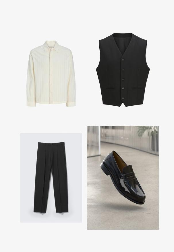 Gilet sans manches noir avec un revers cranté, fermeture à six boutons et deux poches avant. Tissu lisse avec une coupe ajustée.; Chemise crème avec des rayures verticales, un col classique, et des manches longues avec des poignets boutonnés. Tissu léger offrant une texture douce.; Pantalon noir ajusté avec plis avant, poches latérales, passants de ceinture et fermeture par bouton à la taille sur un fond clair.; Mocassin en cuir verni noir avec un accent cousu, bout rond, petit talon et surface lisse, présenté sur un fond neutre.