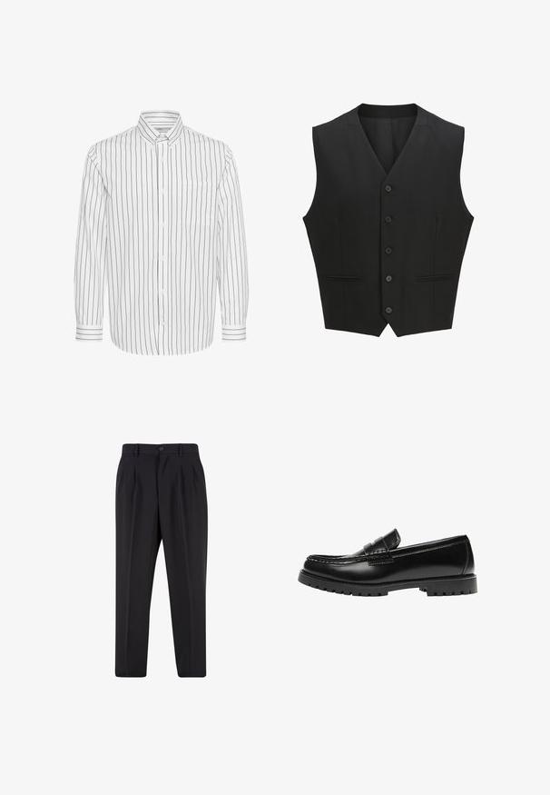 Gilet sans manches noir avec un revers cranté, fermeture à six boutons et deux poches avant. Tissu lisse avec une coupe ajustée.; Chemise blanche à manches longues avec des rayures verticales noires, col à bouton, poche poitrine unique et poignets rayés contrastants.; Pantalon noir sur mesure avec plis à l'avant, passants pour ceinture et fermeture par bouton à la taille.; Mocassin en cuir noir avec une semelle en caoutchouc épaisse et un détail classique de bride à monnaie, vu de côté extérieur.