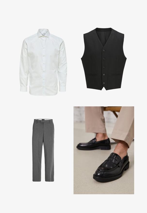 Schwarze ärmellose Weste mit Reverskragen, sechs Knopfverschluss und zwei frontalen Taschen. Glattes Material mit taillierter Passform.; Weißes Hemd mit langen Ärmeln, durchgeknöpft vorne und spitzem Kragen, vor weißem Hintergrund dargestellt.; Graue Hose mit glatter Textur, geradem Bein-Design und subtilen vertikalen Mustern. Mit Gürtelschlaufen sowie vorderen und hinteren Taschen.; Schwarze Lederloafers mit glatter Oberfläche, ausgestattet mit einem dekorativen Riemen und Kontrastnähten, kombiniert mit beigen Hosen.