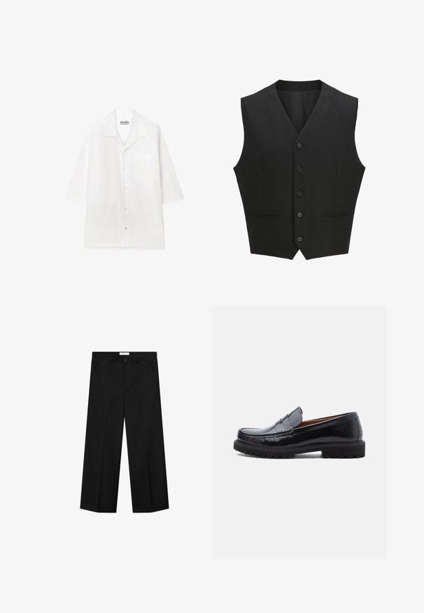 Gilet sans manches noir avec un revers cranté, fermeture à six boutons et deux poches avant. Tissu lisse avec une coupe ajustée.; Chemise blanche à manches courtes avec col et poche poitrine, étiquetée Studio Seidensticker.; Pantalon noir à jambes larges en tissu lisse, doté de poches avant, d'une fermeture par bouton et d'un pli marqué sur chaque jambe.; Mocassin penny en cuir noir avec semelle en caoutchouc épaisse et couture moc toe, montré de profil sur un fond blanc.