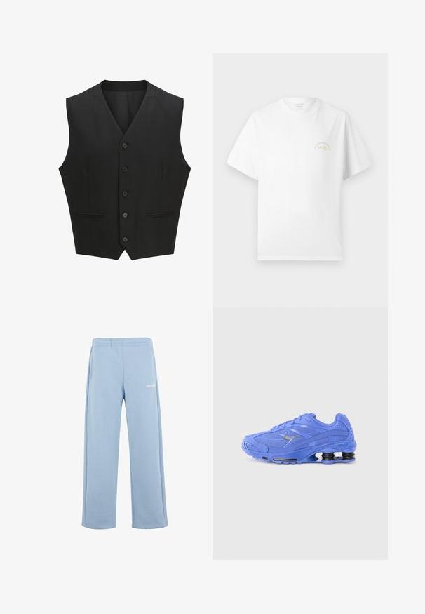 Sort ærmeløs vest med en notch-lapel, seks knaplukninger og to for- lommer. Glat stof med en skræddersyet pasform.; Hvid kortærmet T-shirt med lille gul og grå "est. 90" samt "STUDIO ORIGINALS EDITION" tekst på venstre brystområde.; Lyseblå sweatpants fremstillet af en bomuldsblanding, med elastisk talje, sidelommer og et hvidt logo på venstre lår.; Blå netløbesko med en tyk sål, sølvfarvet Nike swoosh, polstret krave og karakteristisk fjederlignende hælpolstring.