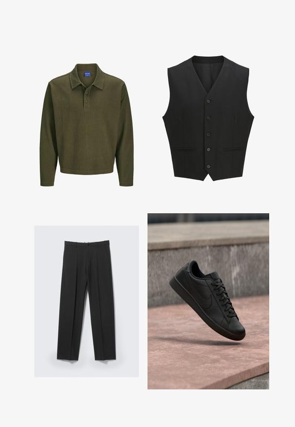 Zwarte mouwloze vest met een notch lapel, sluiting met zes knopen en twee voorzakken. Glad materiaal met een getailleerde pasvorm.; Olijfgroen polo shirt met lange mouwen, gemaakt van gestructureerde stof. Heeft een kraag, een drieknoopsluiting en een ontspannen pasvorm.; Zwarte op maat gemaakte broek met plooien aan de voorkant, zijzakken, riemlussen en knoopsluiting in de tailleband op een lichte achtergrond.; Zwarte leren sneaker met veters en Nike-logo, zwevend boven een roze betonnen ondergrond en een grijze stenen richel in een buitenomgeving.