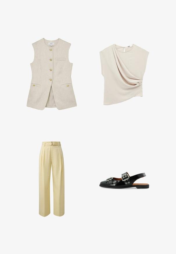 Ärmellose beige Wollmischweste mit rundem Ausschnitt, vier goldenen Knöpfen vorne und zwei vorderen Klappentaschen mit goldenen Knöpfen.; Beige kurzärmlige Bluse mit asymmetrisch drapiertem Stoff und einem runden Ausschnitt mit einer kleinen Schlitz-Knopfvorrichtung am Rücken.; Beige, hochtaillierte Hose mit weitem Bein, vorderen Falten, Gürtelschlaufen und passendem Stoffgürtel mit Metallschnalle.; Schwarzer patentierter Slingback-Schuh mit zwei silbernen Schnallen, flacher Sohle und dekorativen Ösen an der Seite für zusätzliche Details.