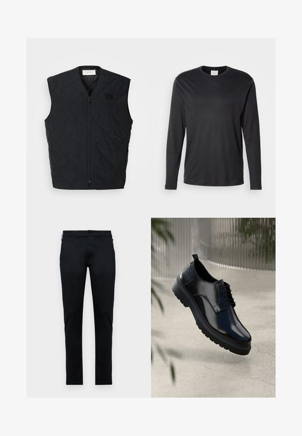 Chaleco acolchado negro con cierre frontal, que presenta patrones de diamantes y una etiqueta en el costado izquierdo del pecho. Diseño elegante, sin mangas y textura ligera.; Camisa negra de manga larga y cuello redondo de Calvin Klein con pequeño logo CK en el lado izquierdo del pecho, mostrada sobre un fondo blanco liso.; Pantalones de tejido negro, diseño ajustado, con bolsillos estándar, cierre delantero con botón y costuras en contraste. Textura suave, sin patrones.; Zapato de cuero negro con un acabado brillante, puntera redonda, diseño de cordones, costuras de contraste y una suela de goma gruesa con patrones de tracción.