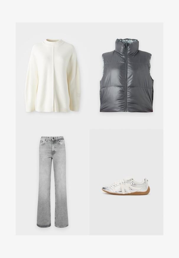 Grå puffy vest med høj krave og frontlynlås. Har en skinnende overflade og et mønstret inderfor. Letvægts og uden ærmer.; Hvid fleece sweater med høj ribbet hals, lange ærmer og en midterseam. Har ribbede manchetter og et lille logo-patch på ærmet.; Lyst grå faded lige ben jeans med forlommer, bæltestropper, og en knap- og lynlåslukning.; Sølv atletisk sko med en tekstureret, shiny overflade, der har en hvid snørebåndsfront og gummisål. Udsmykket med et fremtrædende logo.