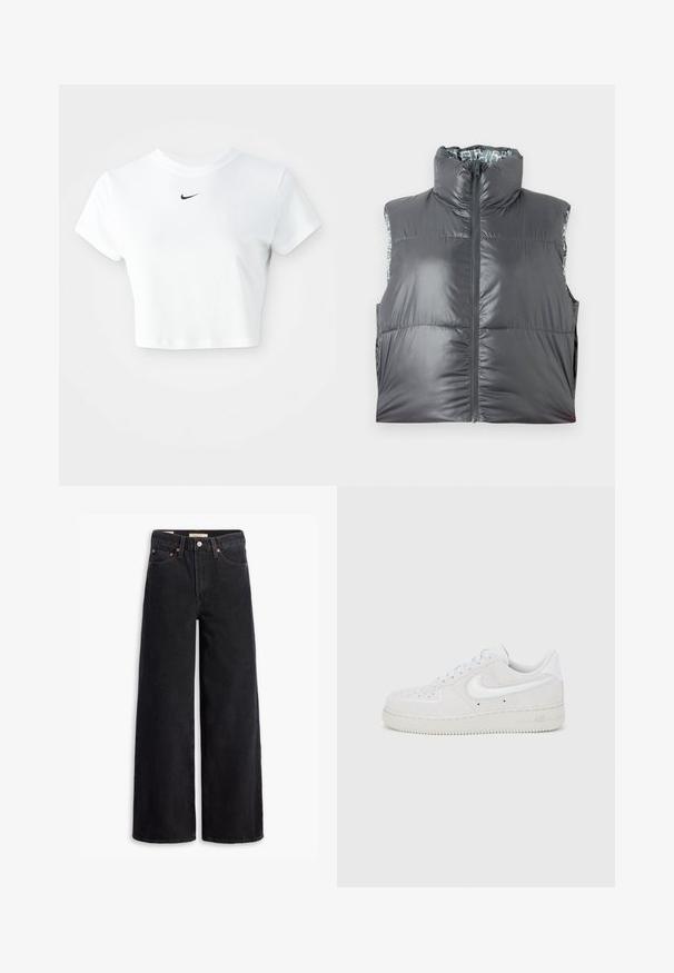 Grå puffy vest med høj krave og frontlynlås. Har en skinnende overflade og et mønstret inderfor. Letvægts og uden ærmer.; Hvid kortærmet t-shirt lavet af bomuld, med korte ærmer og rund halsudskæring, og med et sort Nike-logo på brystet.; Sorte brede benjeans lavet af denim, med fem lommer, kobbernitter og en klassisk knaplukning. Glat tekstur med et rent design.; Hvid ruskind Nike Air Force 1-sneaker med tekstureret finish, rund tå og kontrasterende hvid logo-accent, med en gummisål.