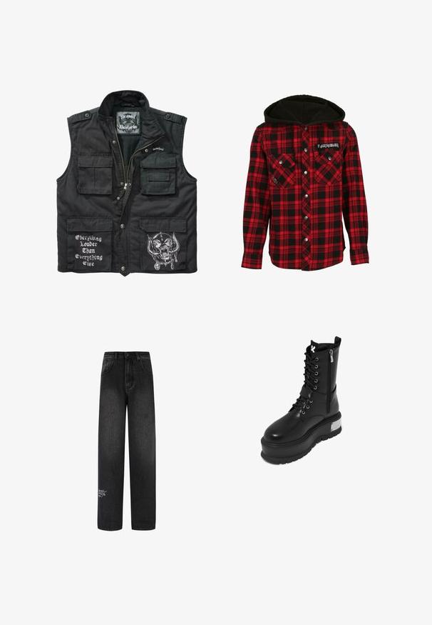 Sort ærmeløs vest lavet af slidstærkt stof, med flere frontlommer, lynlås lukning og hvide trykte designs, herunder tekst og grafik.; Rutig skjorte i rød og sort flannelstof, med en sort hætte, trykknapper og to brystlommer med et logo-patch.; Sorte denim bukser med bred benvidde og høj talje, med to forlommer og en dekorativ logodetalje på det nederste ben.; Sort faux læder kampstøvle med en chunky platform, der har snørebånd fortil, lynlås lukning og metallisk detalje på hælen.