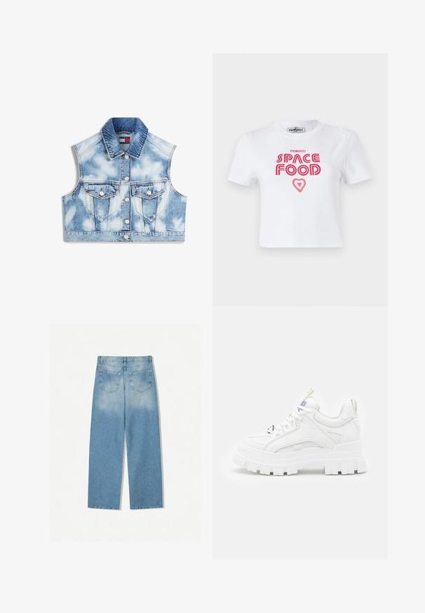 Ärmellose, kurz geschnittene, hellblaue Batik-Denimjacke mit vorderen Knöpfen, zwei knöpfbaren Brusttaschen und einem umgeschlagenen Kragen.; Weißes Baumwoll-T-Shirt mit rotem grafischem Text, der "SPACE FOOD" mit einem Herzakzent liest, kurze Ärmel und Rundhalsausschnitt.; Helleblaue Denim-Jeans mit geradem Bein, ausgestattet mit zwei Gesäßtaschen und einer ausgebleichten Textur im oberen Bereich.; Weiße klobige Sneakers mit einer strukturierten Oberseite, gepolstertem Schaft und dicker, gerippter Sohle. Verfügt über kontrastierende schwarze Schnürsenkel und Branding-Details.