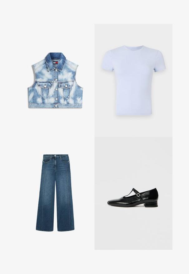 Varrukateta lühike helesinine lipsuvärvitud teksatakiga jakk, esikinnitusega ja kahe nupuga rinnataskuga, volditud kraega.; Good American SUPER STRETCH BABY TEE - Lihtne T-särk - periwinkle; Tumedates denimist laiad püksid valgete kontrastõmblustega, viie taskuga disain ja nupuga sulgemine vööl.; Mustad nahast Mary Jane stiilis kingad, millel on terav nina, väike kand ja reguleeritav rihm hõbedase pandlaga. Sile, läikiv tekstuur.