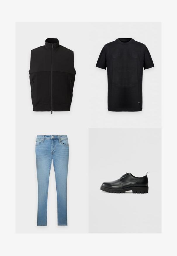 Zwart mouwloos vest met hoge kraag, ritssluiting aan de voorkant, twee zakken met rits en een mix van gladde en gestructureerde stof.; Zwart ribgebreid T-shirt met korte mouwen, ronde hals en klein metalen logo vlak bij de zoom, afgebeeld op een effen achtergrond.; Lichtblauwe slim-fit spijkerbroek met knopen aan de voorkant, rits, lussen voor een riem en een ontwerp met vijf zakken, weergegeven op een witte achtergrond.; Zwarte lederen schoen met een ronde neus, voorzien van een vetersluiting, stevige zwarte rubberen zool en een klein hieltabje aan de achterkant.