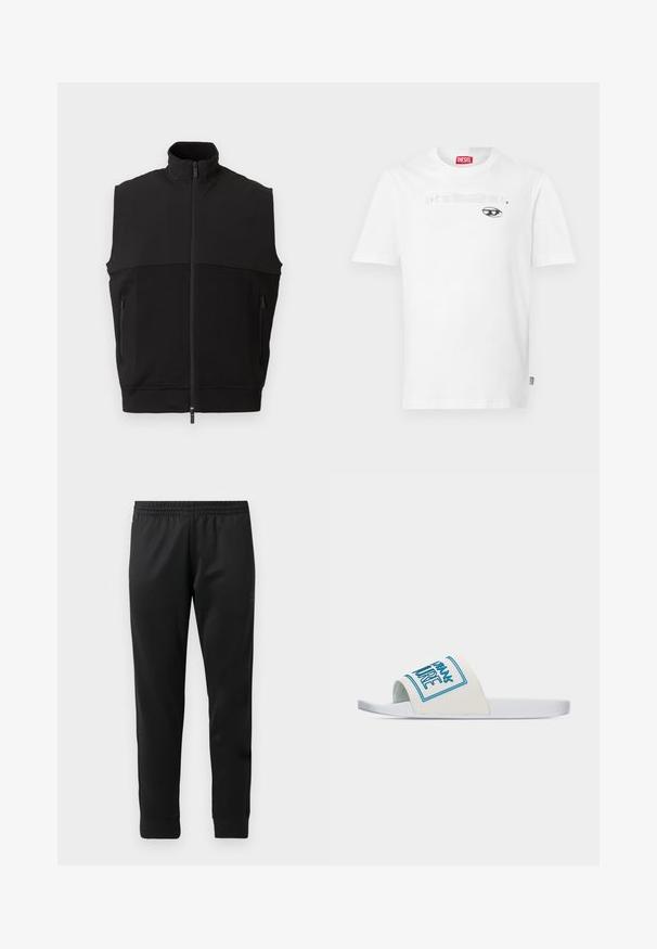 Schwarze ärmellose Weste mit hohem Kragen, Frontreißverschluss, zwei mit Reißverschluss verschließbaren Taschen und einer Kombination aus glattem und strukturiertem Stoff.; Weißes Baumwoll-T-Shirt mit Rundhalsausschnitt und kurzen Ärmeln, mit einem schwarzen Druckmotiv und dem Markennamen "DIESEL", der zentriert über einer Augengrafik platziert ist.; Schwarze Sporthosen aus glattem Stoff, mit einem elastischen Bund, schmal zulaufenden Beinen und gerippten Bündchen an den Knöcheln.; Weiße Slidesandale mit breitem Riemen, der blauen Text "URBAN FUTURE" auf einem schlichten hellgrauen Hintergrund zeigt.