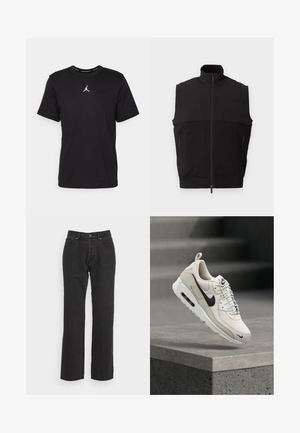 Zwart mouwloos vest met hoge kraag, ritssluiting aan de voorkant, twee zakken met rits en een mix van gladde en gestructureerde stof.; Zwarte katoenen t-shirt met korte mouwen, ronde hals, voorzien van een witte Jumpman-logo op de borst en een gladde, lichte textuur.; Zwarte denim jeans met een rechtzijdig ontwerp, voorzien van een voorste knoopsluiting, riemlussen en twee zijzakken. Gestructureerde stof.; Beige en witte Nike Air Max sneaker met zwart swoosh-logo, witte veters en zichtbare luchtgeveerde zool, rustend op een betonblok.