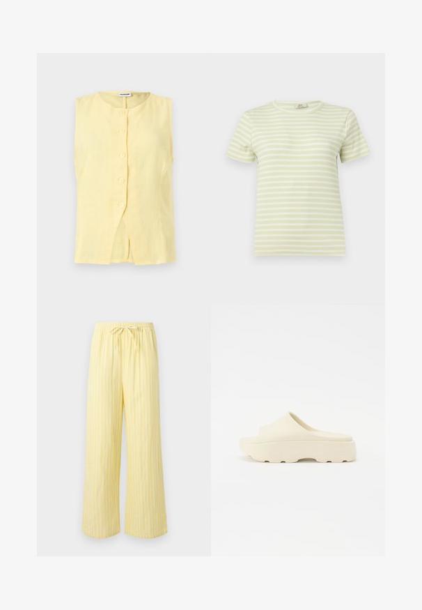 Ärmellose blassgelbe Leinenbluse mit rundem Ausschnitt und fünf Knöpfen vorne, mit einem kleinen Schlitz am Saum vorne.; Hellgrünes und weiß gestreiftes kurzärmeliges Rippen-T-Shirt mit rundem Ausschnitt vor schlichter Hintergrund.; Lockere, gelbe Hose mit vertikalen weißen Streifen und elastischem Bund mit gebundenem Kordelzug.; Beige Slippersandale mit einer glatten, gummiartigen Oberfläche, runder Zehenpartie, dicker Sohle und strukturiertem Boden für guten Halt. Minimalistisches Design.