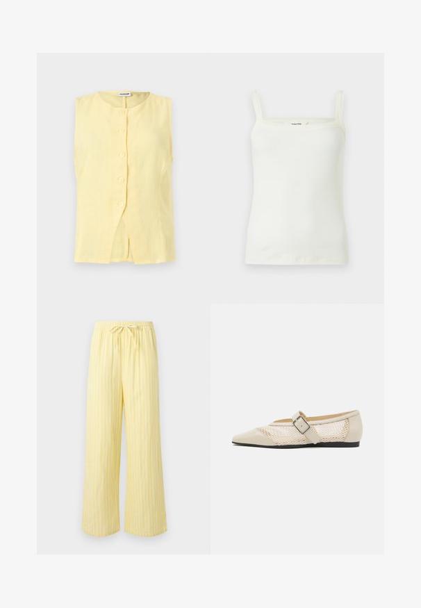 Blouse sans manches en lin jaune pâle avec col rond et cinq boutons sur le devant, avec une petite fente à l'avant de l'ourlet.; Débardeur en maille côtelée blanche avec fines bretelles et encolure droite, présenté sur un fond uni.; Pantalon jaune ample avec des rayures blanches verticales et une taille élastique dotée d'un cordon noué.; Ballerines beiges à bout pointu avec un design à panneaux en maille, dotées d'une sangle à boucle et d'une semelle noire basse, mettant en avant un contraste de texture.