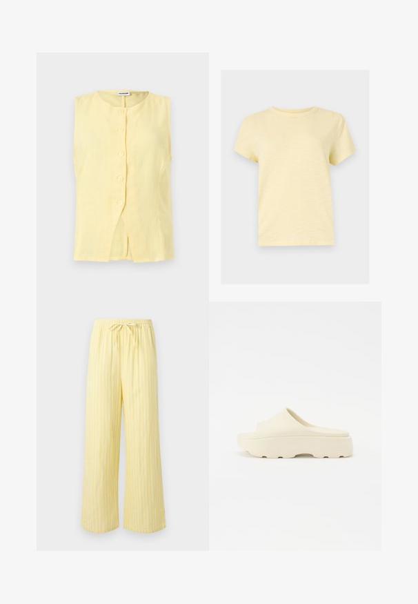 Blusa sin mangas de lino amarillo pálido con escote redondo y cinco botones delanteros, con una pequeña abertura frontal en el dobladillo.; Camiseta de manga corta de color amarillo claro con cuello redondo y diseño liso, mostrada sobre un fondo plano de color gris claro.; Pantalones sueltos amarillos con rayas verticales blancas y una cinturilla elástica con cordón atado.; Sandalia beige sin correa con una superficie lisa similar al caucho, puntera redondeada, suela gruesa y fondo texturizado para un mejor agarre. Diseño minimalista.
