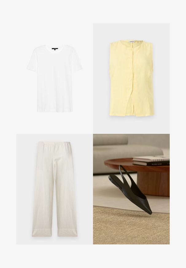 Mouwloze lichtgele linnen blouse met ronde halslijn en vijf knopen aan de voorkant, voorzien van een kleine voorzoomopening.; Witte t-shirt met korte mouwen en een ronde hals. Gemaakt van zachte stof, heeft het een relaxte pasvorm en een eenvoudig ontwerp zonder patronen of accenten.; Losse broek in crèmekleur met elastische tailleband en brede omgeslagen zoom, weergegeven op een eenvoudige lichte achtergrond.; Zwarte platte slingback schoen met puntige neus bij een ronde houten tafel met gestapelde boeken op een beige tapijt in een modern woonkamertje.