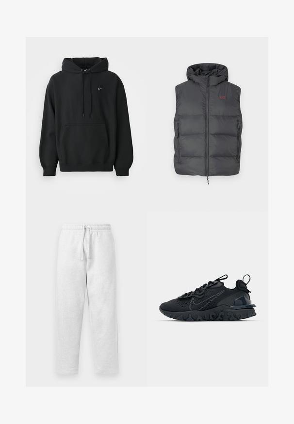 Grijze gewatteerde vest met een capuchon, voorzien van een voorsluiting met rits, twee zijzakken en een klein EA7-logo op de borst. Glad, glanzend textuur.; Zwarte Nike hoodie met een voorzak, een capuchon met trekkoord, ribgebreide manchetten en een klein wit Nike swoosh-logo op de borst.; Lichtgrijze joggingsbroek van zachte stof, met een elastische tailleband en een trekkoord, in een ontspannen pasvorm.; Zwarte sportieve schoen met een ademende bovenkant van mesh, gestructureerde accenten en een golvende rubberen zool. Heeft een reflecterende logo en vetersysteem.