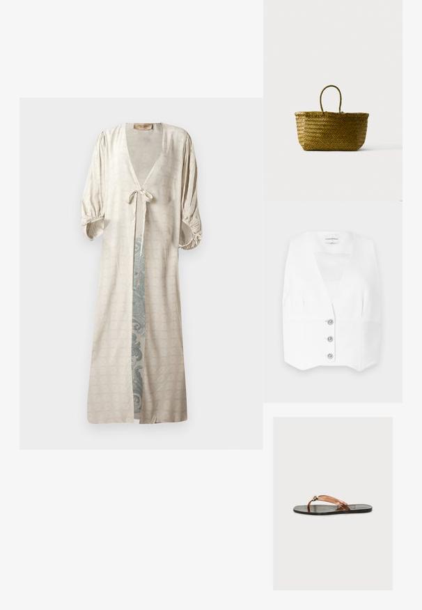 Hvid ærmeløs top med dyb V-hals, fremstillet i en skræddersyet pasform og tre sølvknapper nedad foran. Glat, letvægtsstof.; Silkefin, creme kimono-stil morgenkåbe med dyb V-udskæring, bælte i taljen og puffede ærmer. Har et prydet, teal mønster indeni.; Sort flad sandal med gennemsigtig brun thongsrem med en skinnende guldrund perle nær tåen, på en ensfarvet baggrund.; Flettet halmtote-taske med et enkelt håndtag, afrundet rektangulært form og naturlig brun farve på en ensfarvet baggrund.