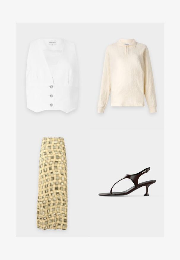 Witte mouwloze top met een diepe V-hals, voorzien van een getailleerde pasvorm en drie zilveren knopen aan de voorkant. Glad, lichtgewicht stof.; Crème-kleurige lange mouwen polo shirt met een gestructureerde stof, drieknoopsluiting en omgeslagen mouwen, met een subtiel bloemenpatroon.; Rabanne Maxirok - green/yellow/cream; Donkerbruine lakleren slingbacksandaal met kittenheel en teenbandje op witte achtergrond.